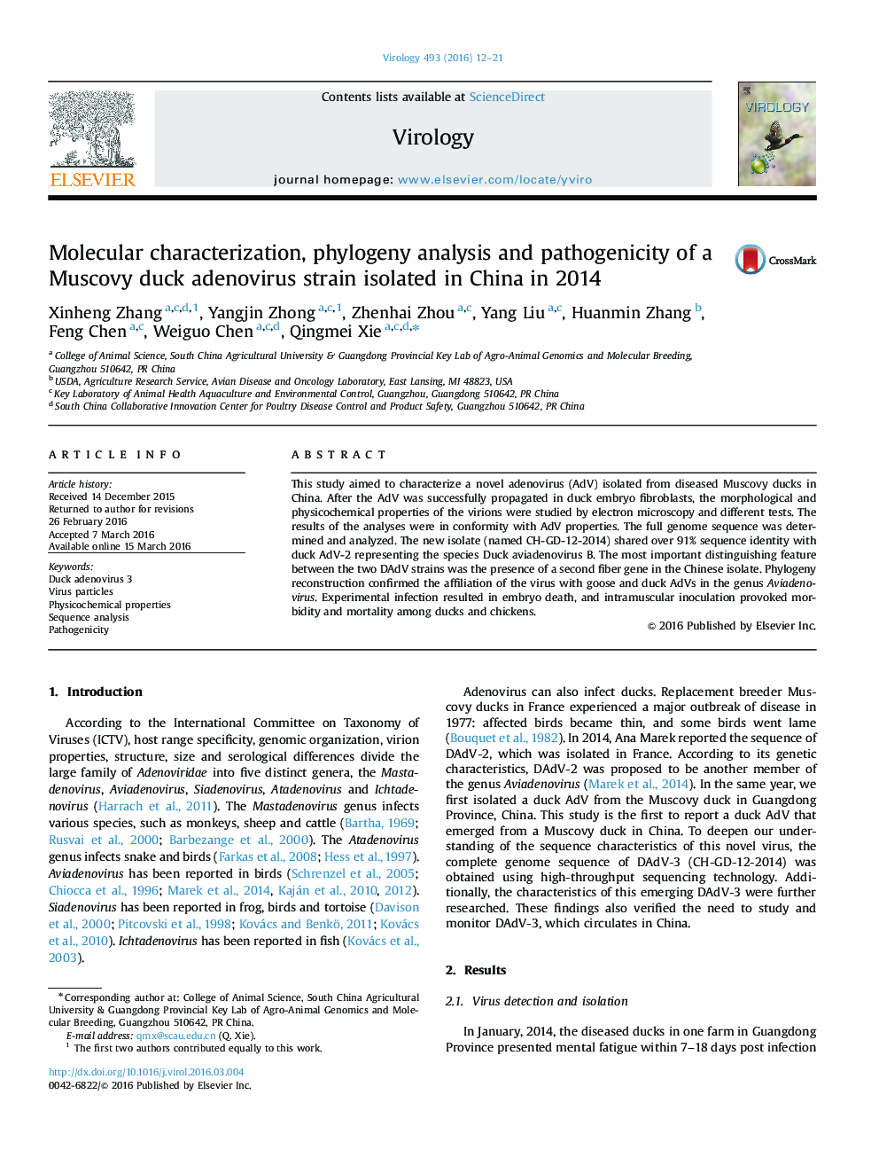 Molecular characterization, phylogeny analysis and pathogenicity of a Muscovy duck adenovirus strain isolated in China in 2014