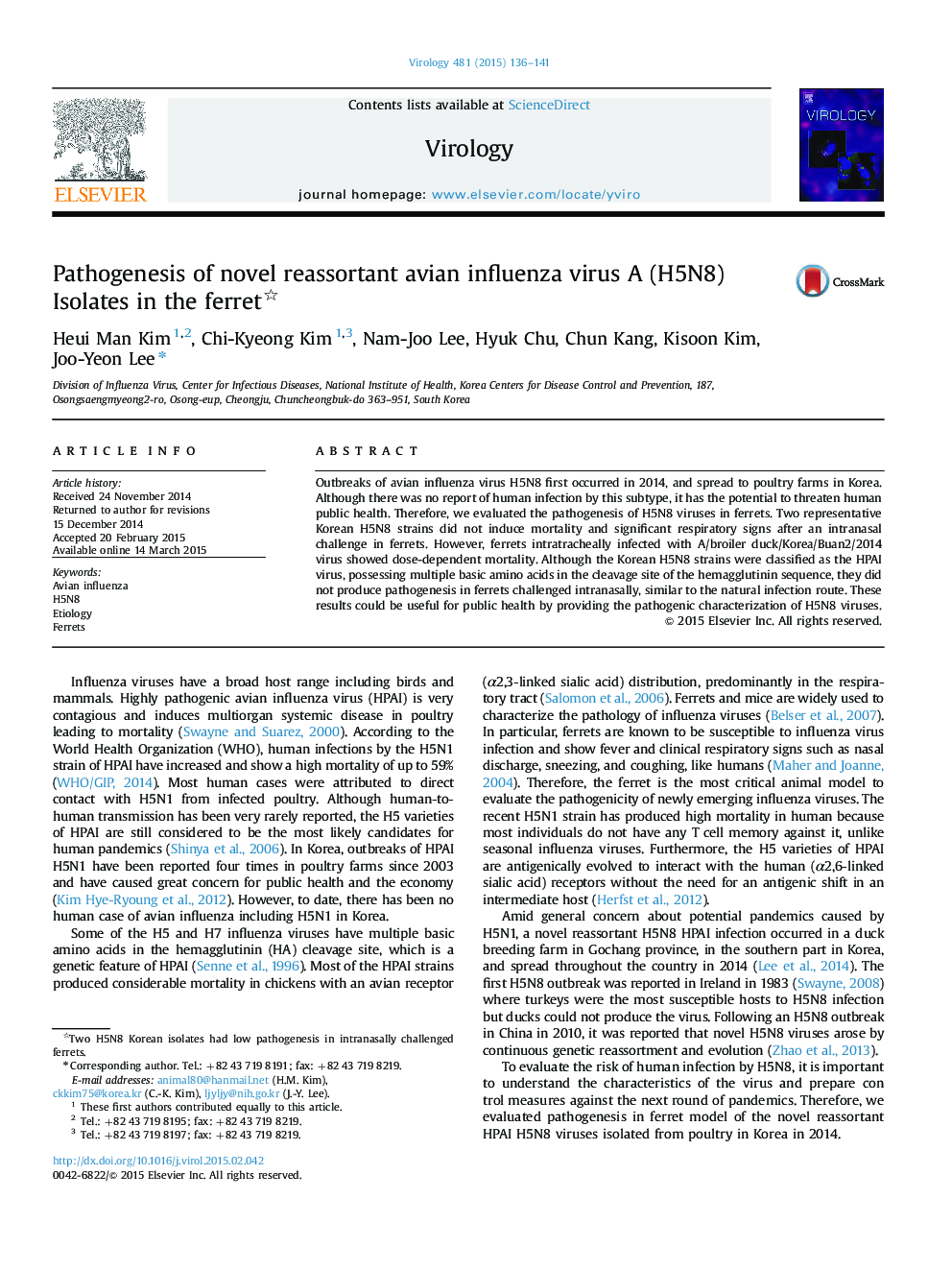 Pathogenesis of novel reassortant avian influenza virus A (H5N8) Isolates in the ferret