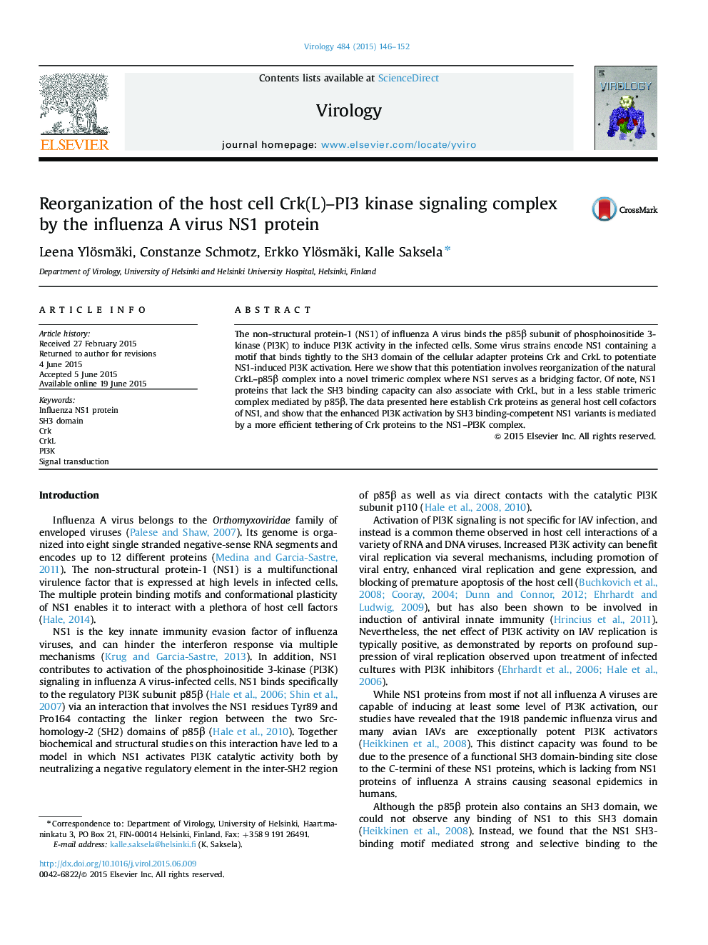 Reorganization of the host cell Crk(L)-PI3 kinase signaling complex by the influenza A virus NS1 protein