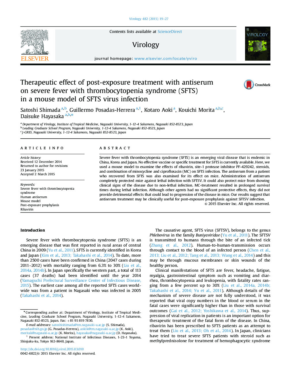 Therapeutic effect of post-exposure treatment with antiserum on severe fever with thrombocytopenia syndrome (SFTS) in a mouse model of SFTS virus infection