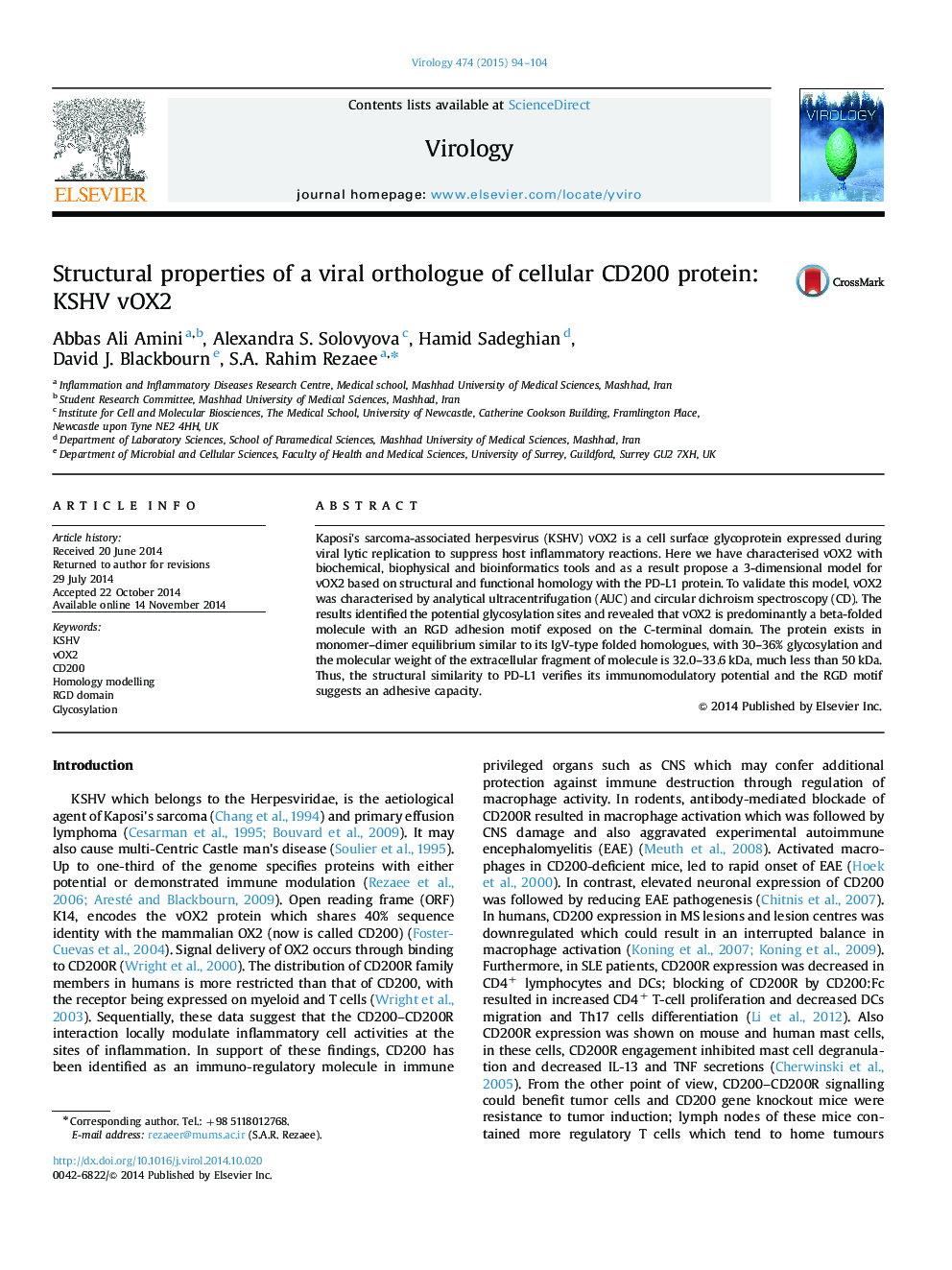Structural properties of a viral orthologue of cellular CD200 protein: KSHV vOX2