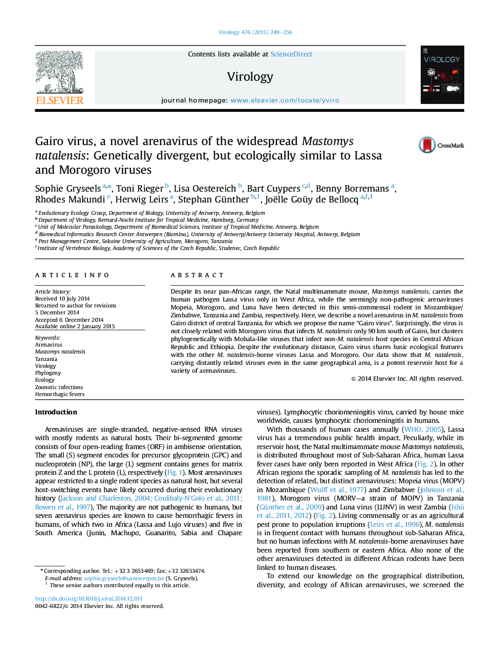 Gairo virus, a novel arenavirus of the widespread Mastomys natalensis: Genetically divergent, but ecologically similar to Lassa and Morogoro viruses