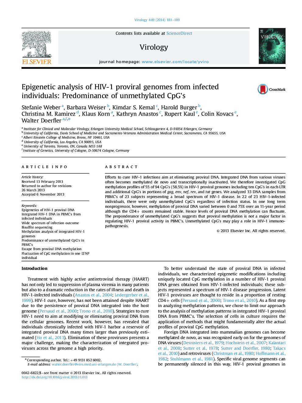 Epigenetic analysis of HIV-1 proviral genomes from infected individuals: Predominance of unmethylated CpG's
