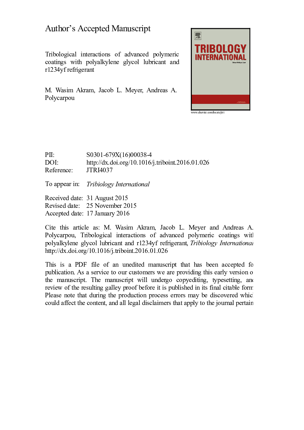 Tribological interactions of advanced polymeric coatings with polyalkylene glycol lubricant and r1234yf refrigerant