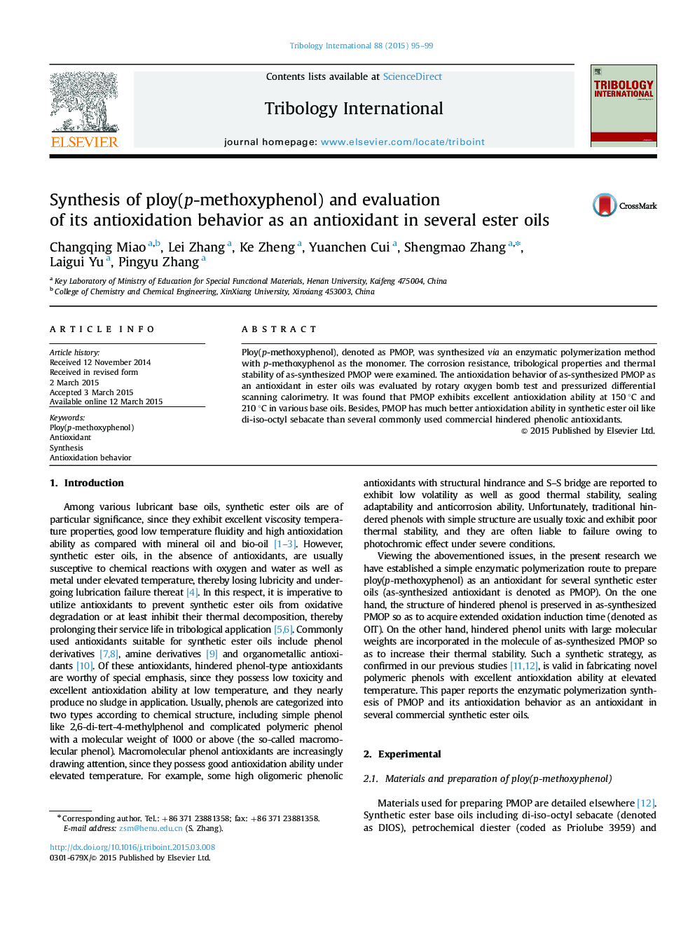 Synthesis of ploy(p-methoxyphenol) and evaluation of its antioxidation behavior as an antioxidant in several ester oils
