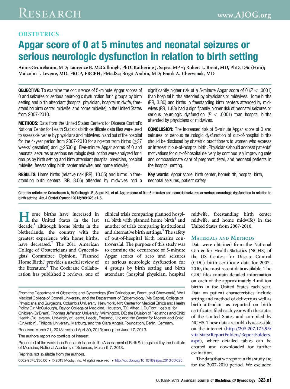 Apgar score of 0 at 5 minutes and neonatal seizures or serious neurologic dysfunction in relation to birth setting