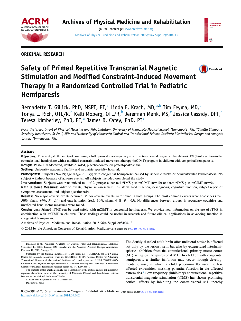 Safety of Primed Repetitive Transcranial Magnetic Stimulation and Modified Constraint-Induced Movement Therapy inÂ a Randomized Controlled Trial in Pediatric Hemiparesis