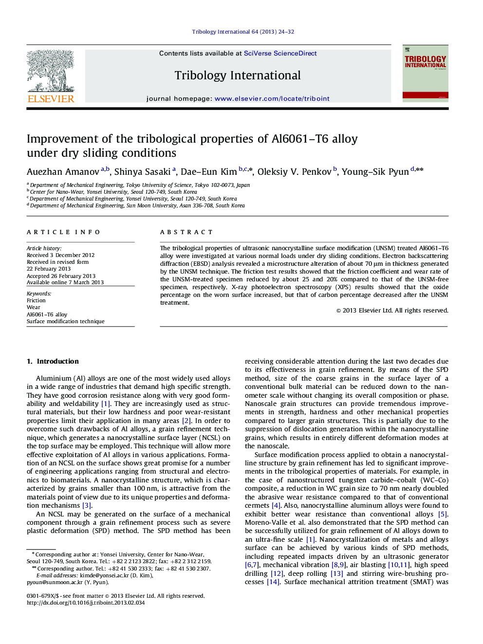 Improvement of the tribological properties of Al6061–T6 alloy under dry sliding conditions