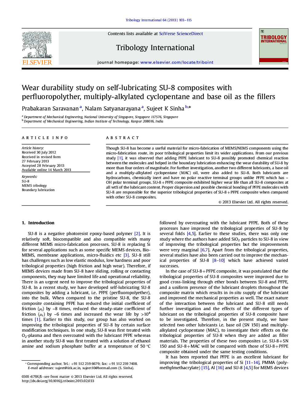 Wear durability study on self-lubricating SU-8 composites with perfluoropolyther, multiply-alkylated cyclopentane and base oil as the fillers