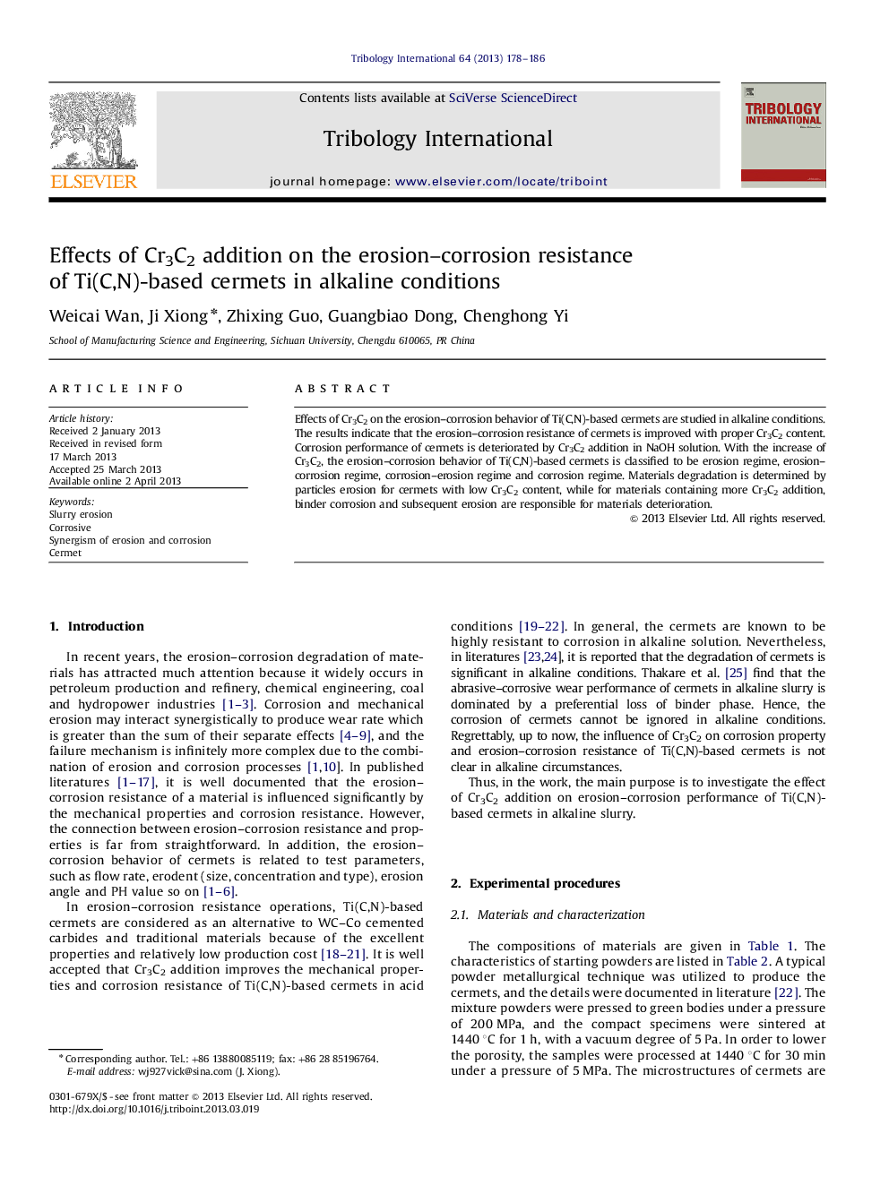 Effects of Cr3C2 addition on the erosion–corrosion resistance of Ti(C,N)-based cermets in alkaline conditions