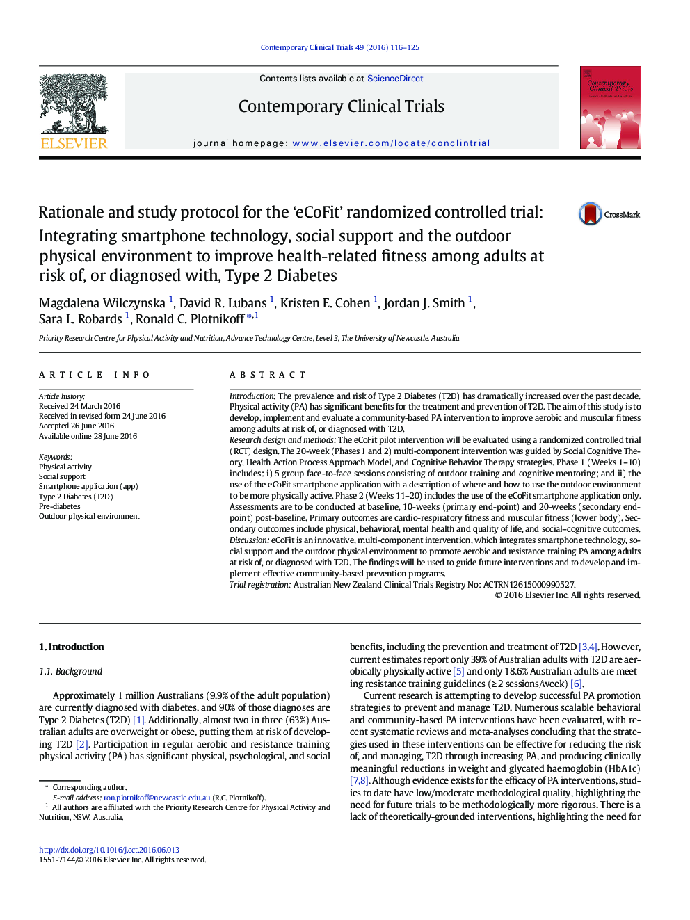 Rationale and study protocol for the 'eCoFit' randomized controlled trial: Integrating smartphone technology, social support and the outdoor physical environment to improve health-related fitness among adults at risk of, or diagnosed with, Type 2 Diabetes