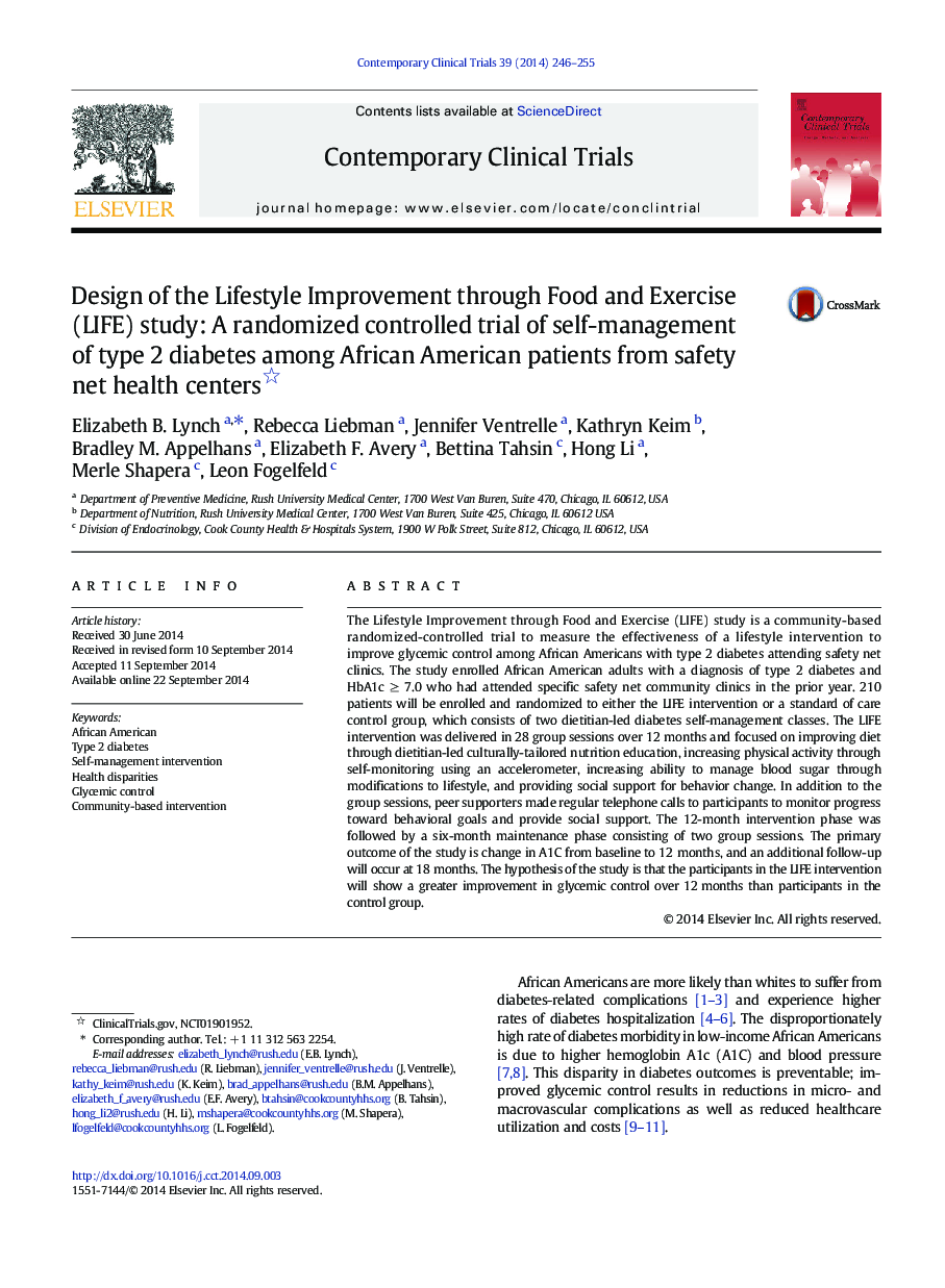 Design of the Lifestyle Improvement through Food and Exercise (LIFE) study: A randomized controlled trial of self-management of type 2 diabetes among African American patients from safety net health centers