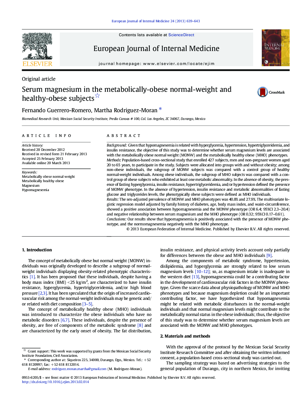 Serum magnesium in the metabolically-obese normal-weight and healthy-obese subjects