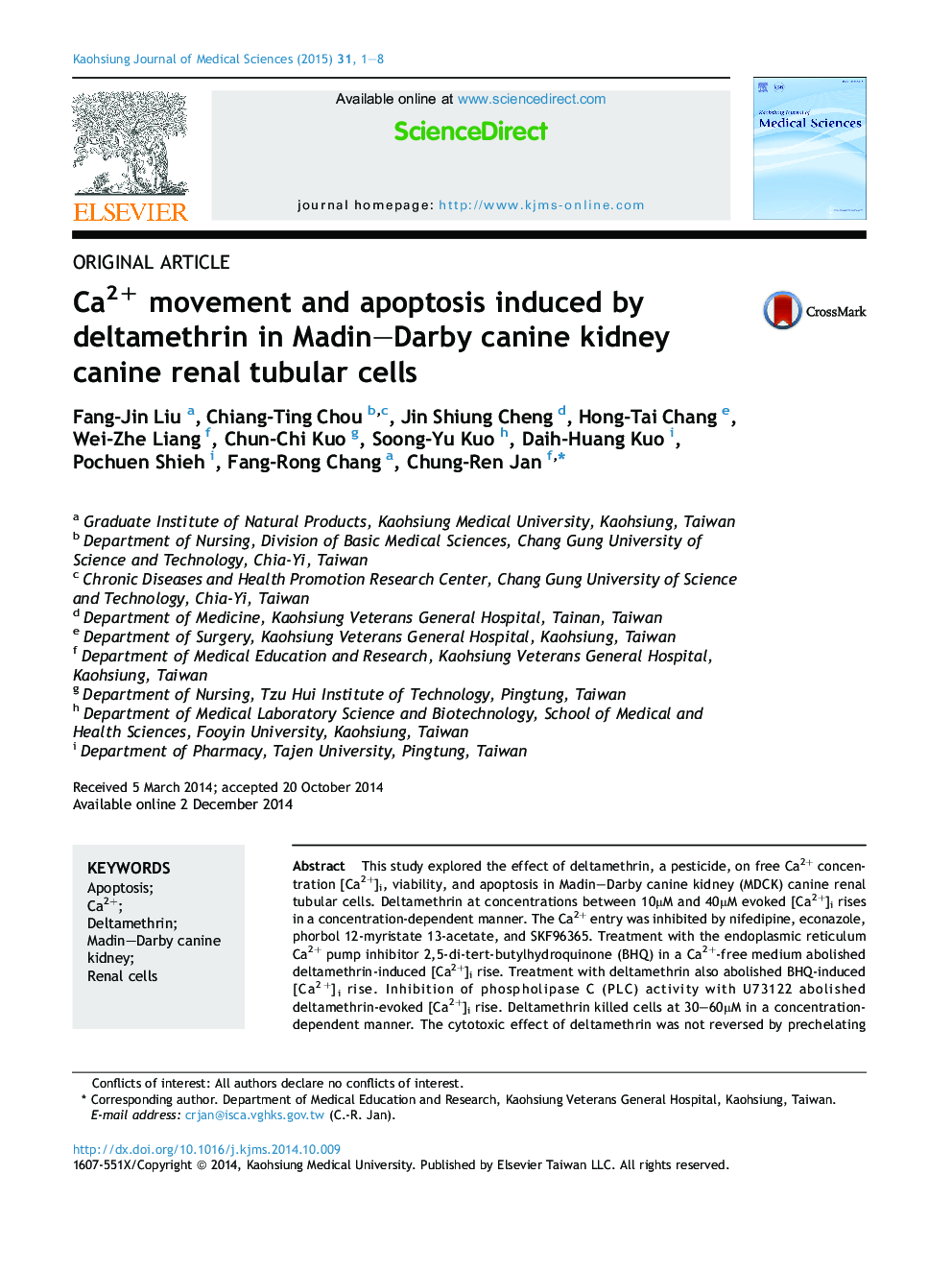 Ca2+ movement and apoptosis induced by deltamethrin in Madin-Darby canine kidney canine renal tubular cells