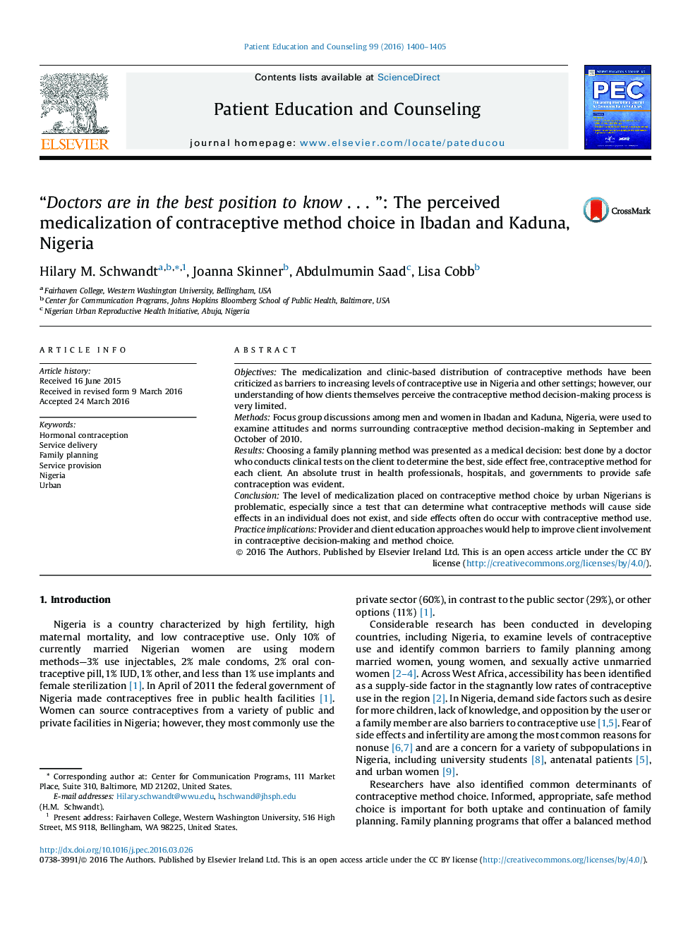 “Doctors are in the best position to knowâ¦”: The perceived medicalization of contraceptive method choice in Ibadan and Kaduna, Nigeria