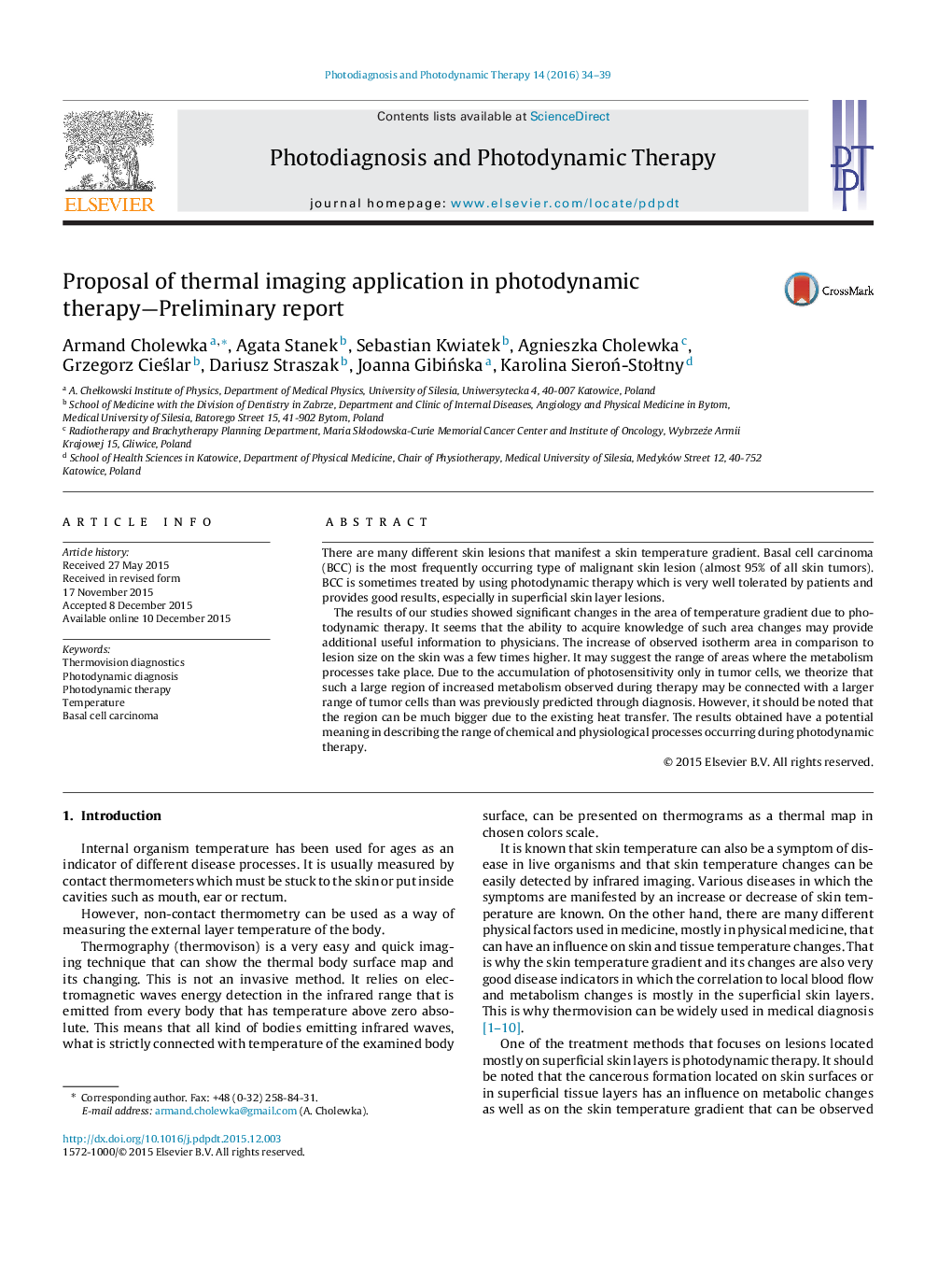 Proposal of thermal imaging application in photodynamic therapy-Preliminary report