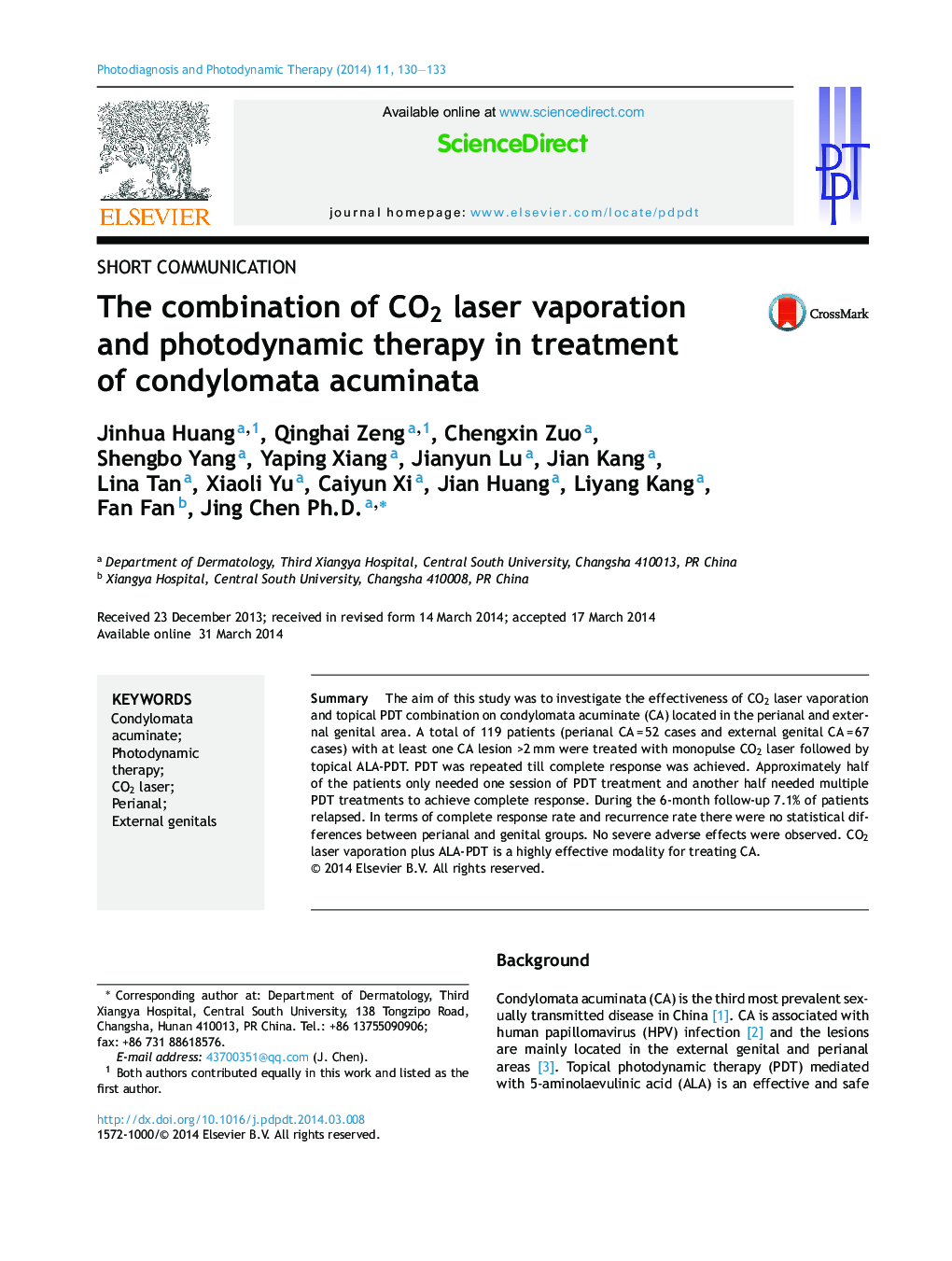 The combination of CO2 laser vaporation and photodynamic therapy in treatment of condylomata acuminata