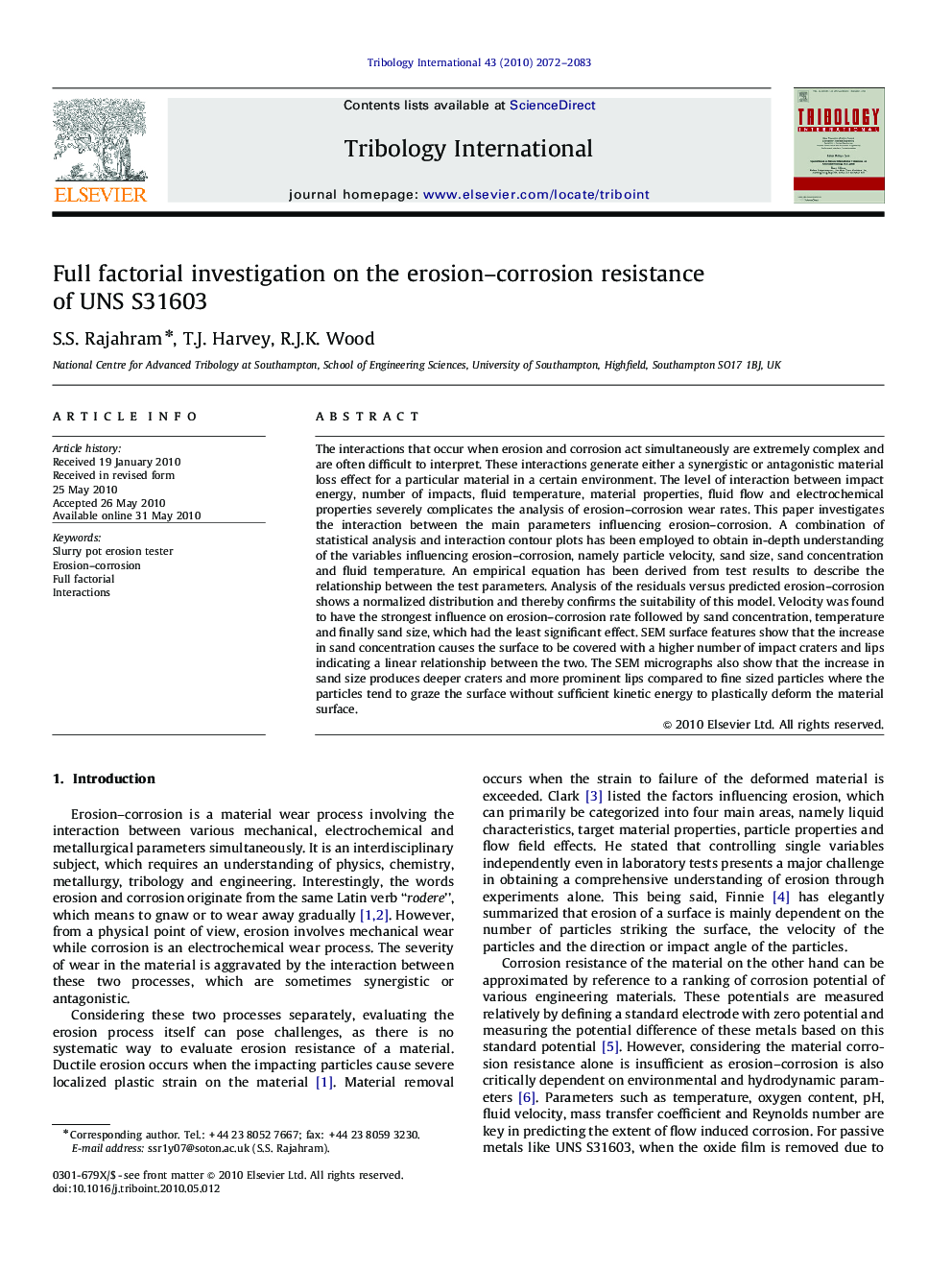 Full factorial investigation on the erosion–corrosion resistance of UNS S31603
