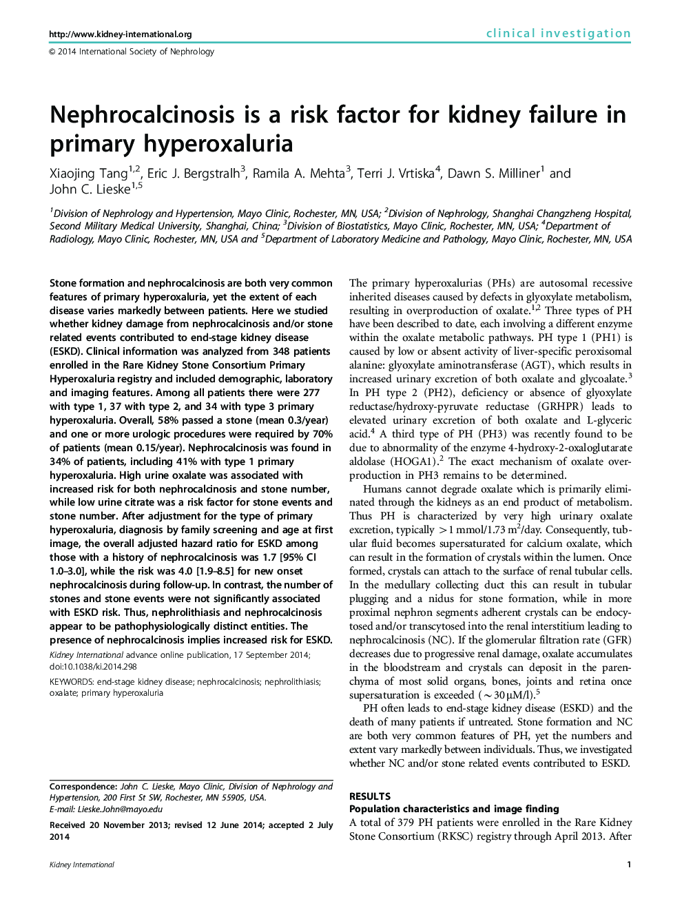 Nephrocalcinosis is a risk factor for kidney failure in primary hyperoxaluria