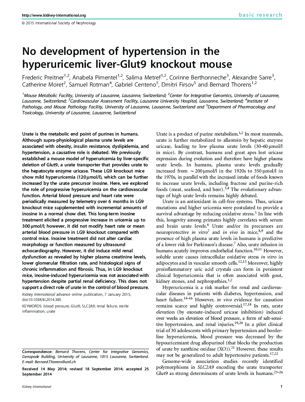 No development of hypertension in the hyperuricemic liver-Glut9 knockout mouse