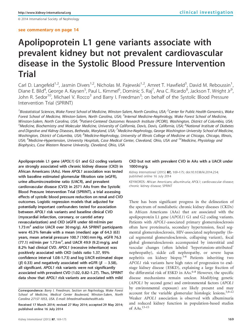Apolipoprotein L1 gene variants associate with prevalent kidney but not prevalent cardiovascular disease in the Systolic Blood Pressure Intervention Trial