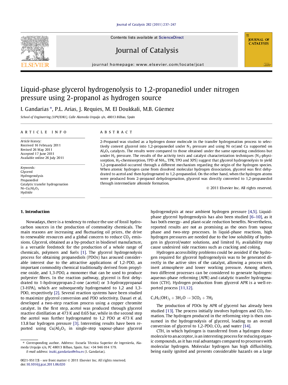 Liquid-phase glycerol hydrogenolysis to 1,2-propanediol under nitrogen pressure using 2-propanol as hydrogen source