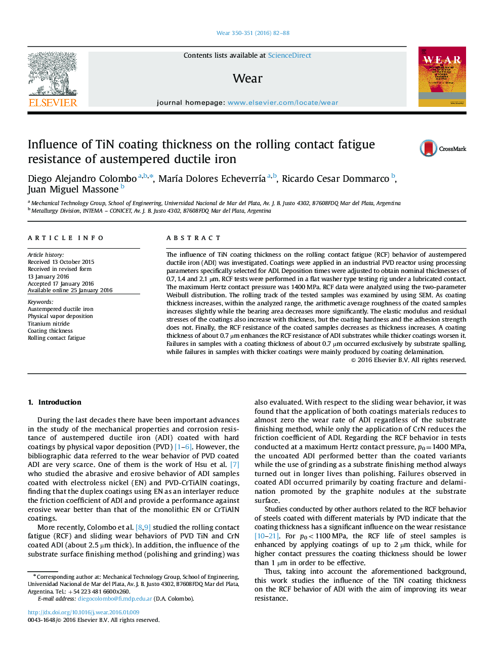 Influence of TiN coating thickness on the rolling contact fatigue resistance of austempered ductile iron