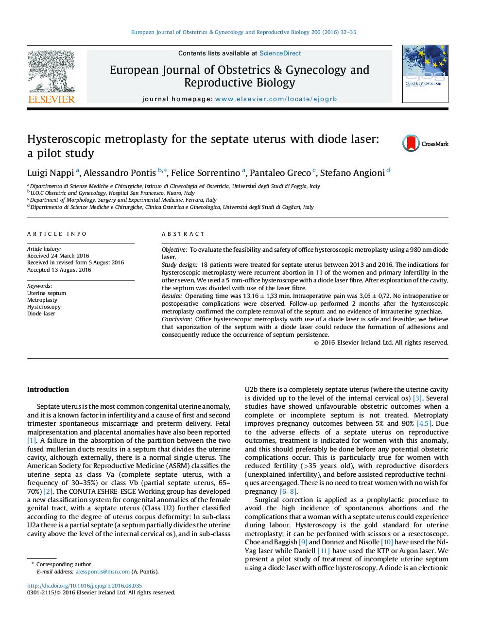 متروپلاستی هیستروسکوپی برای رحم سپتوم با لیزر دیود: یک مطالعه آزمایشی 