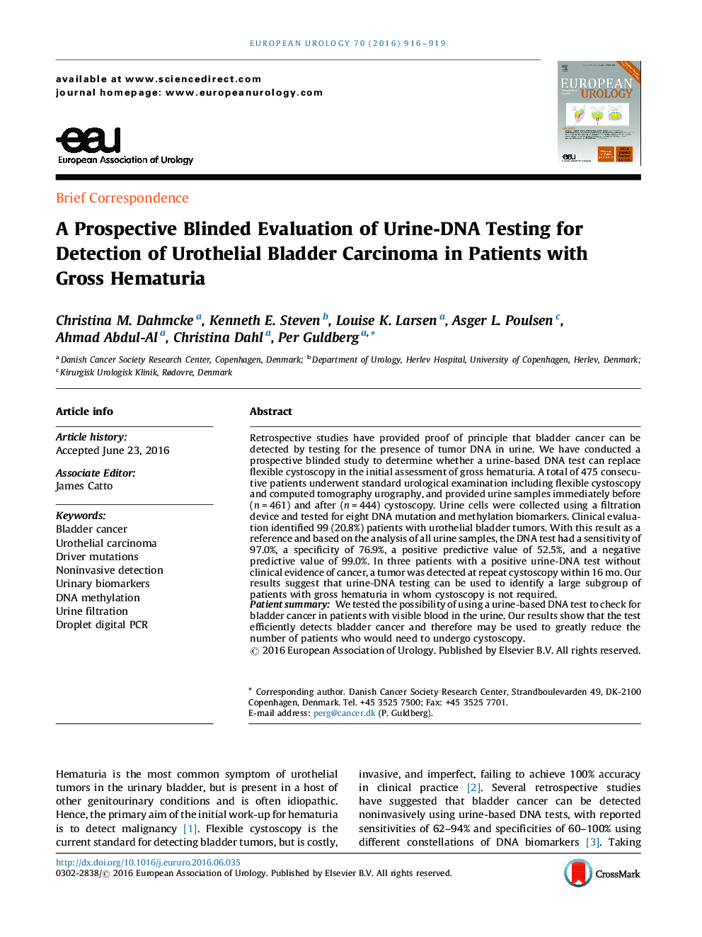 A Prospective Blinded Evaluation of Urine-DNA Testing for Detection of Urothelial Bladder Carcinoma in Patients with Gross Hematuria