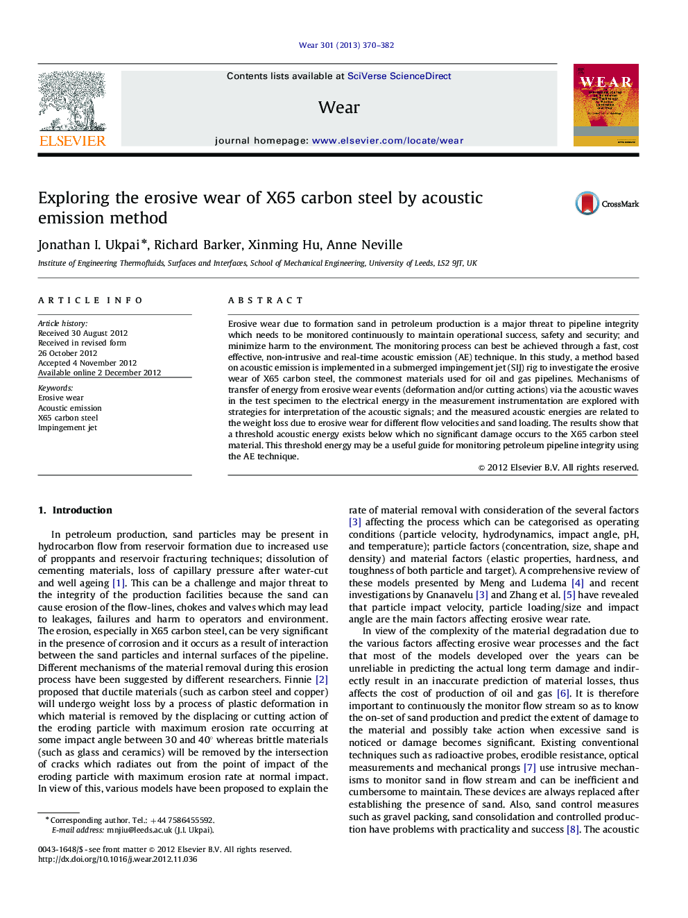 Exploring the erosive wear of X65 carbon steel by acoustic emission method