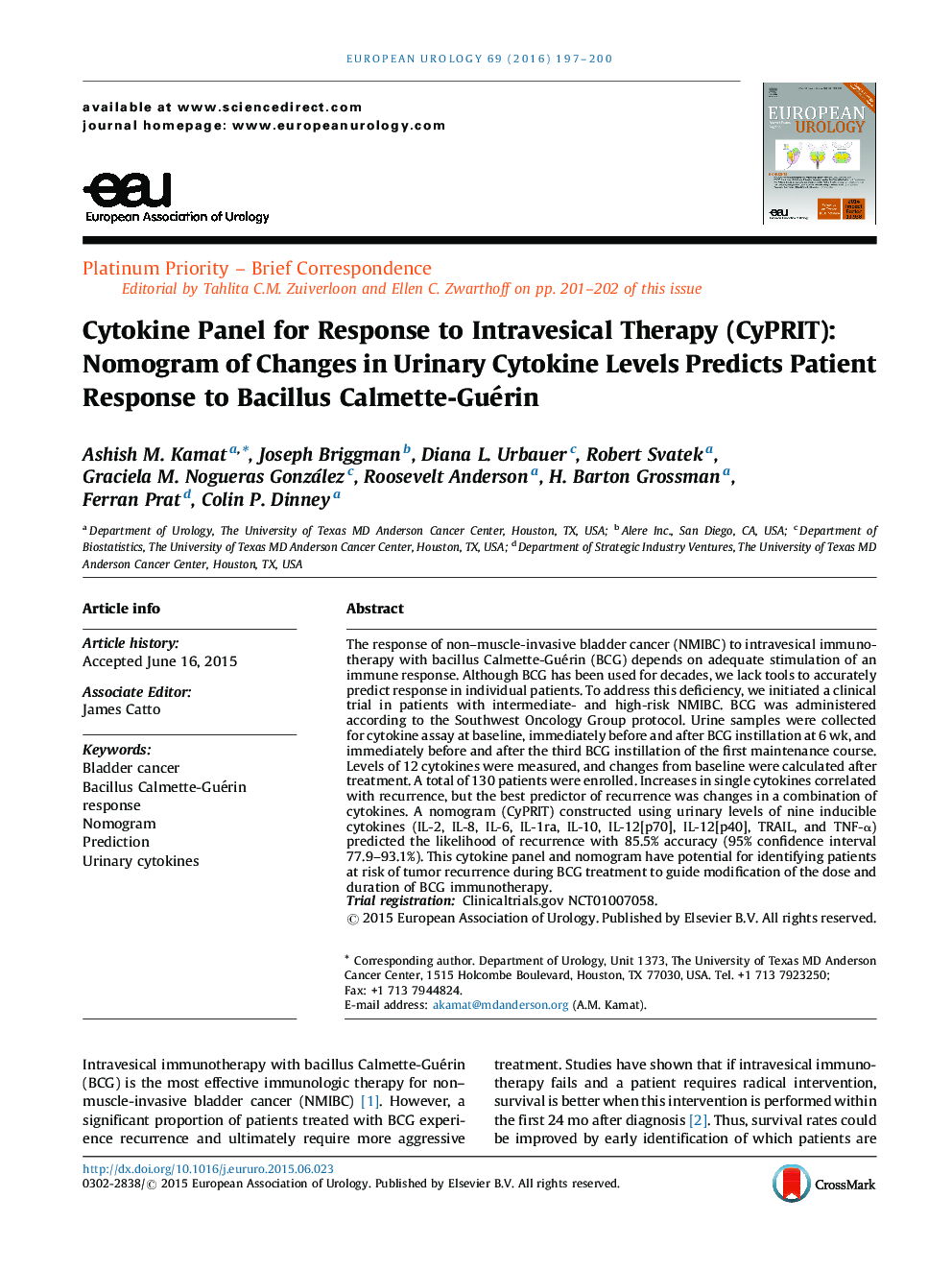 Cytokine Panel for Response to Intravesical Therapy (CyPRIT): Nomogram of Changes in Urinary Cytokine Levels Predicts Patient Response to Bacillus Calmette-Guérin