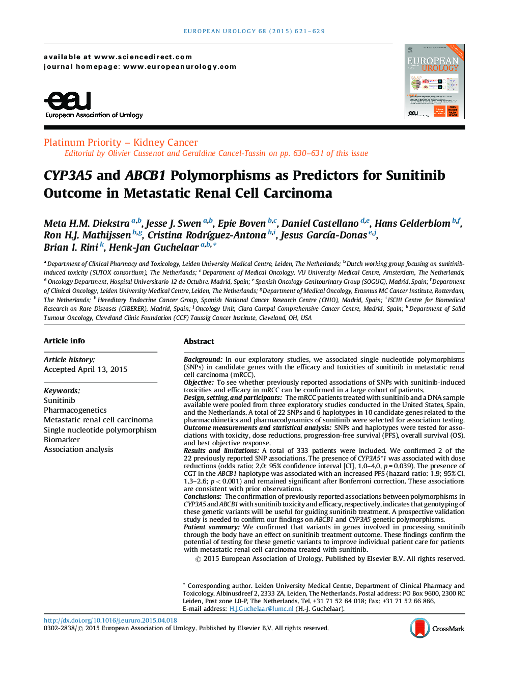 CYP3A5 and ABCB1 Polymorphisms as Predictors for Sunitinib Outcome in Metastatic Renal Cell Carcinoma
