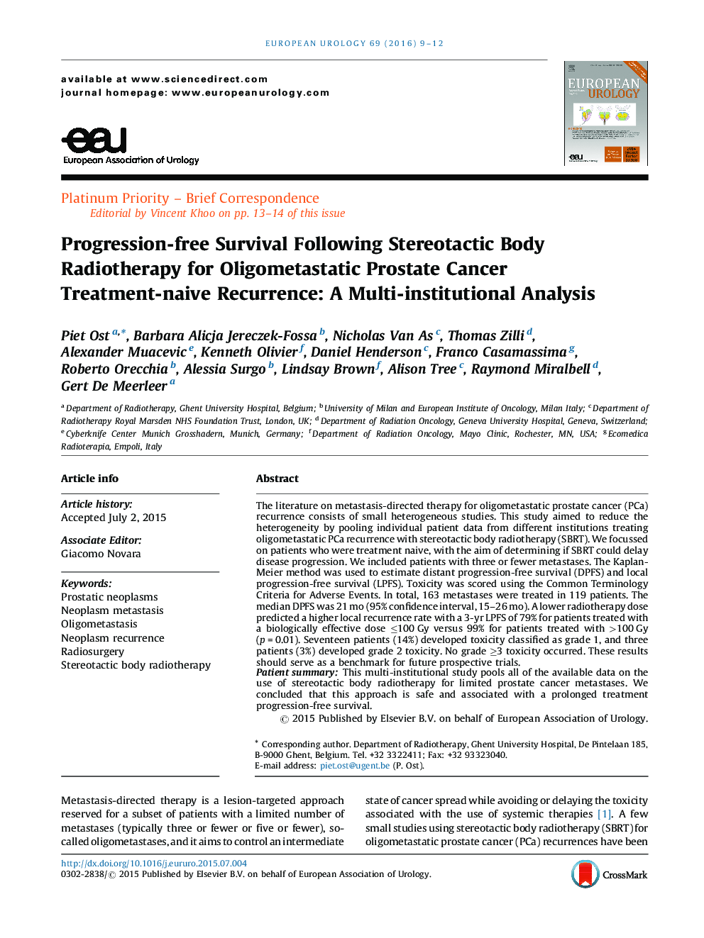 Progression-free Survival Following Stereotactic Body Radiotherapy for Oligometastatic Prostate Cancer Treatment-naive Recurrence: A Multi-institutional Analysis