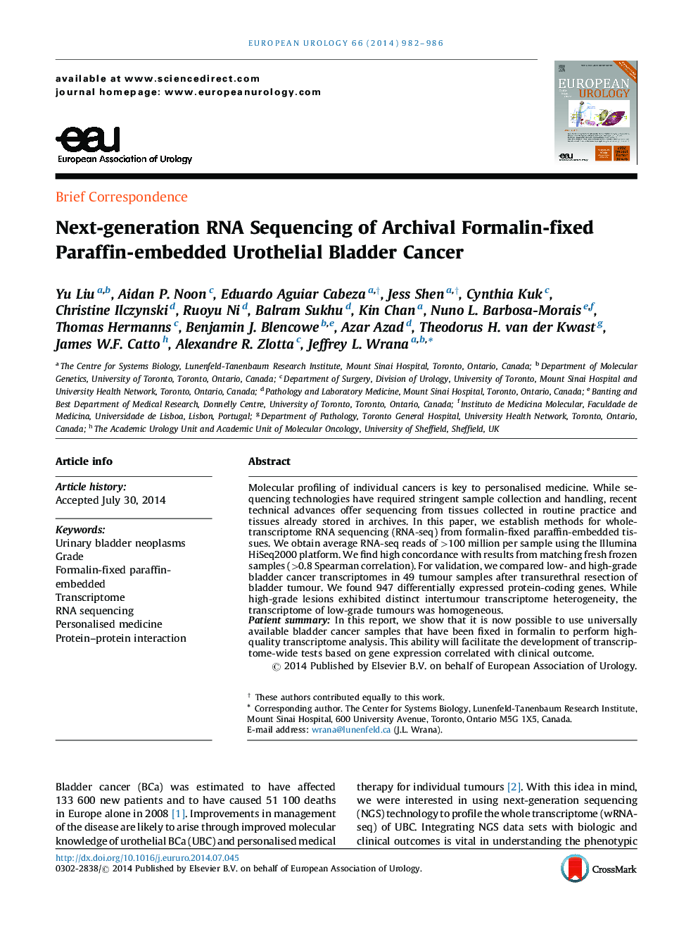 Next-generation RNA Sequencing of Archival Formalin-fixed Paraffin-embedded Urothelial Bladder Cancer