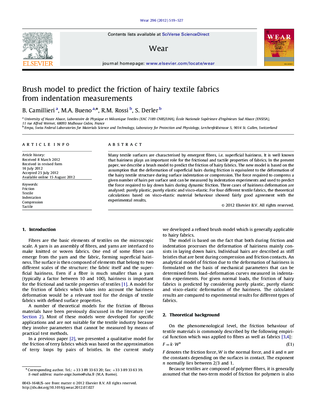 Brush model to predict the friction of hairy textile fabrics from indentation measurements