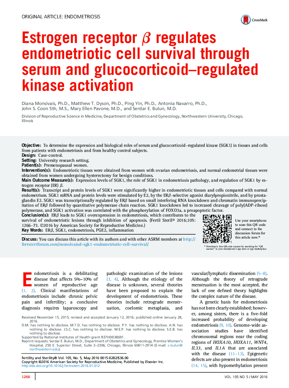 Estrogen receptor Î² regulates endometriotic cell survival through serum and glucocorticoid-regulated kinase activation