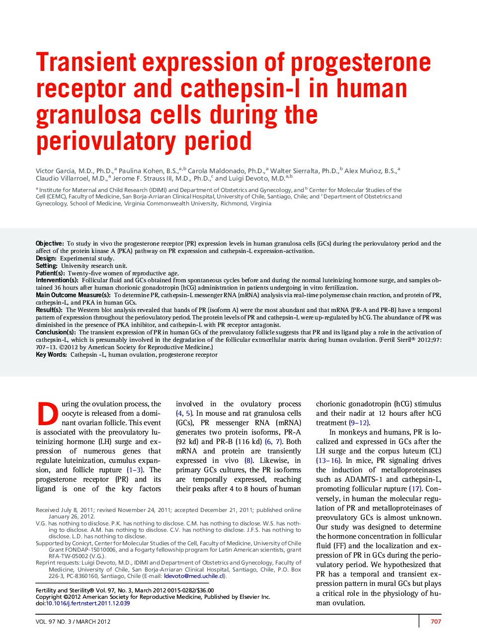 Transient expression of progesterone receptor and cathepsin-l in human granulosa cells during the periovulatory period
