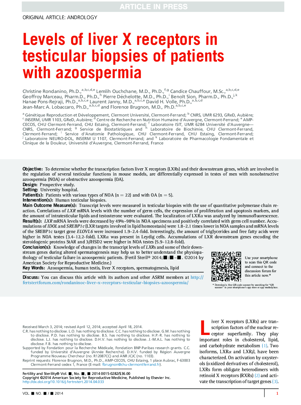 Levels of liver X receptors in testicular biopsies of patients with azoospermia