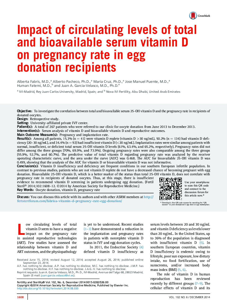 Impact of circulating levels of total and bioavailable serum vitamin D onÂ pregnancy rate in egg donation recipients