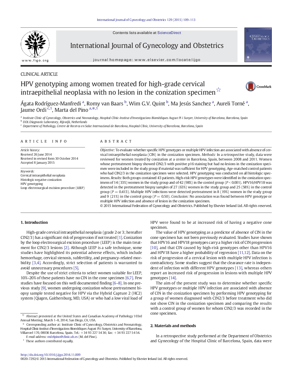 HPV genotyping among women treated for high-grade cervical intraepithelial neoplasia with no lesion in the conization specimen