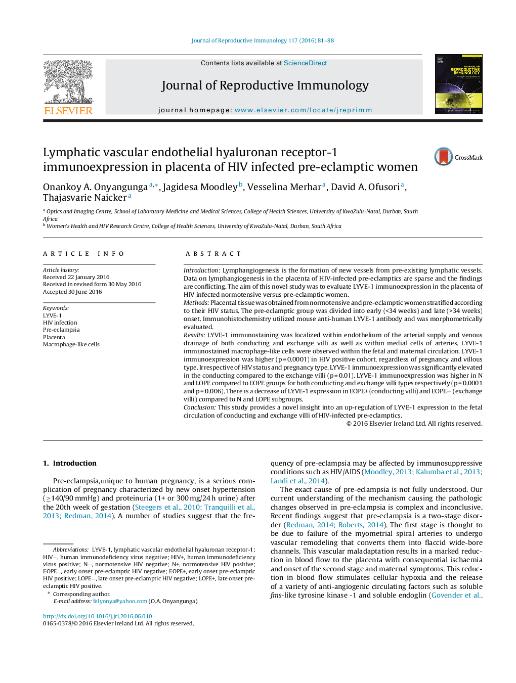 Lymphatic vascular endothelial hyaluronan receptor-1 immunoexpression in placenta of HIV infected pre-eclamptic women