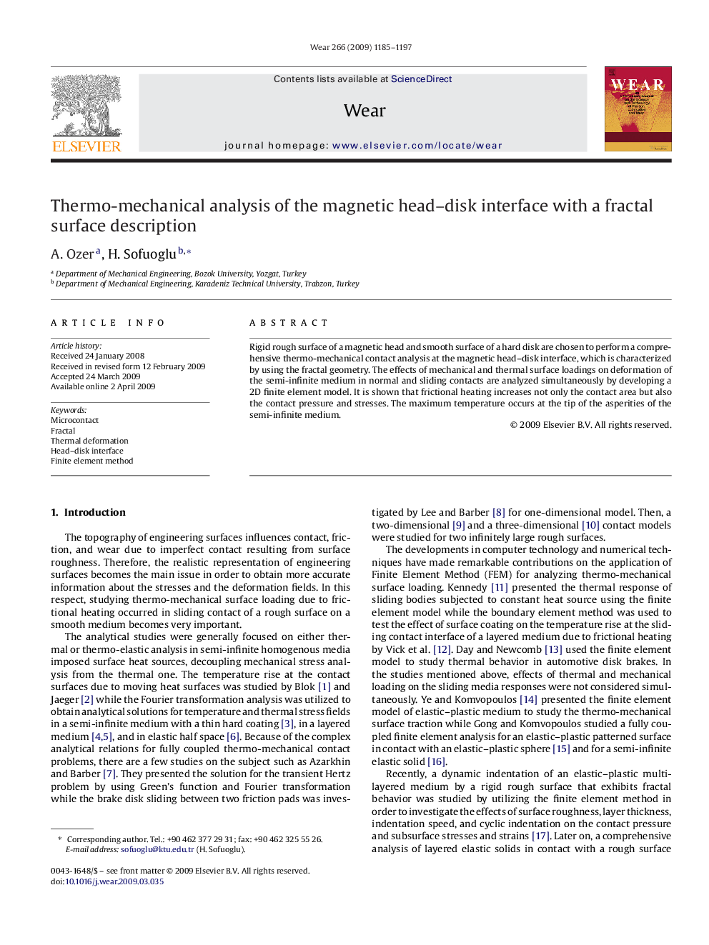 Thermo-mechanical analysis of the magnetic head–disk interface with a fractal surface description