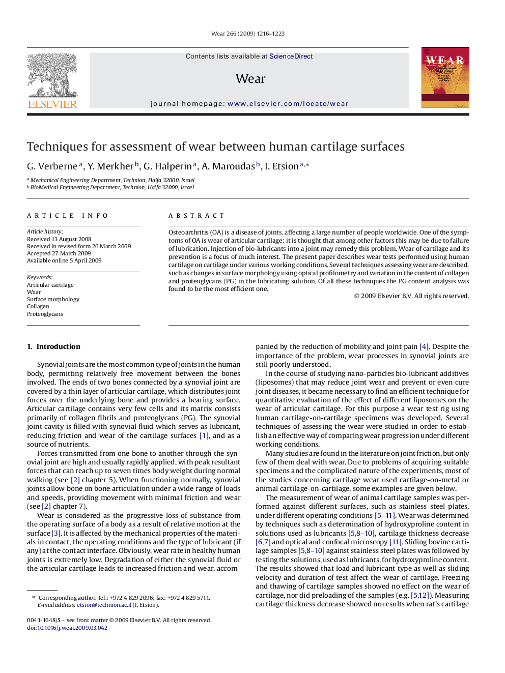 Techniques for assessment of wear between human cartilage surfaces