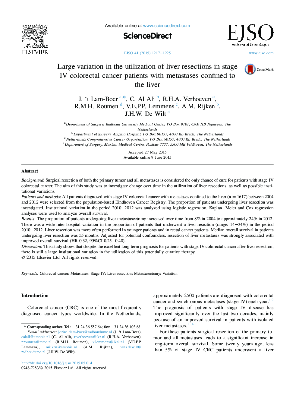 Large variation in the utilization of liver resections in stage IV colorectal cancer patients with metastases confined to the liver