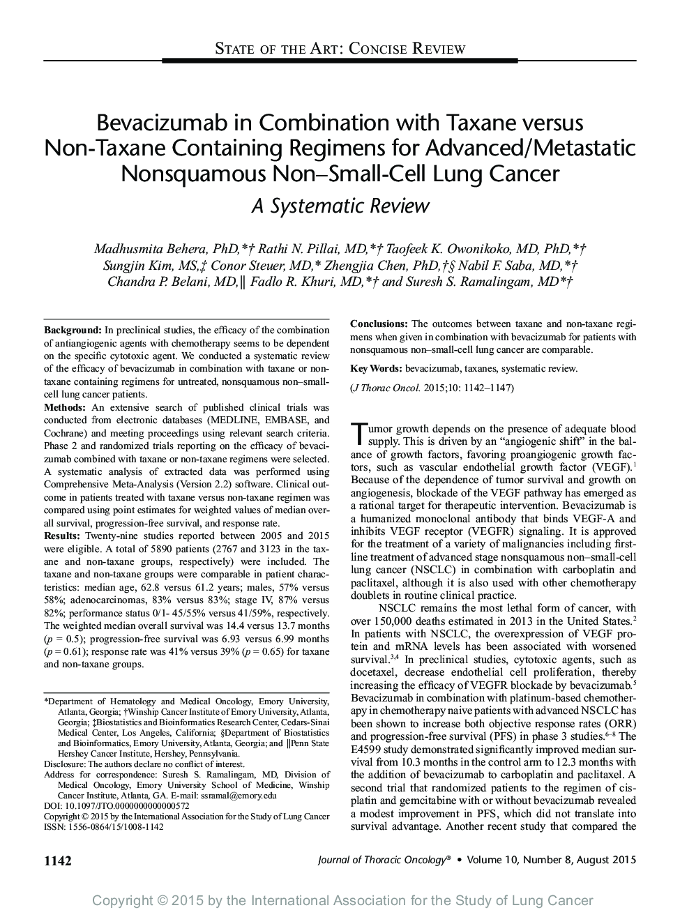 Bevacizumab in Combination with Taxane versus Non-Taxane Containing Regimens for Advanced/Metastatic Nonsquamous Non-Small-Cell Lung Cancer: A Systematic Review