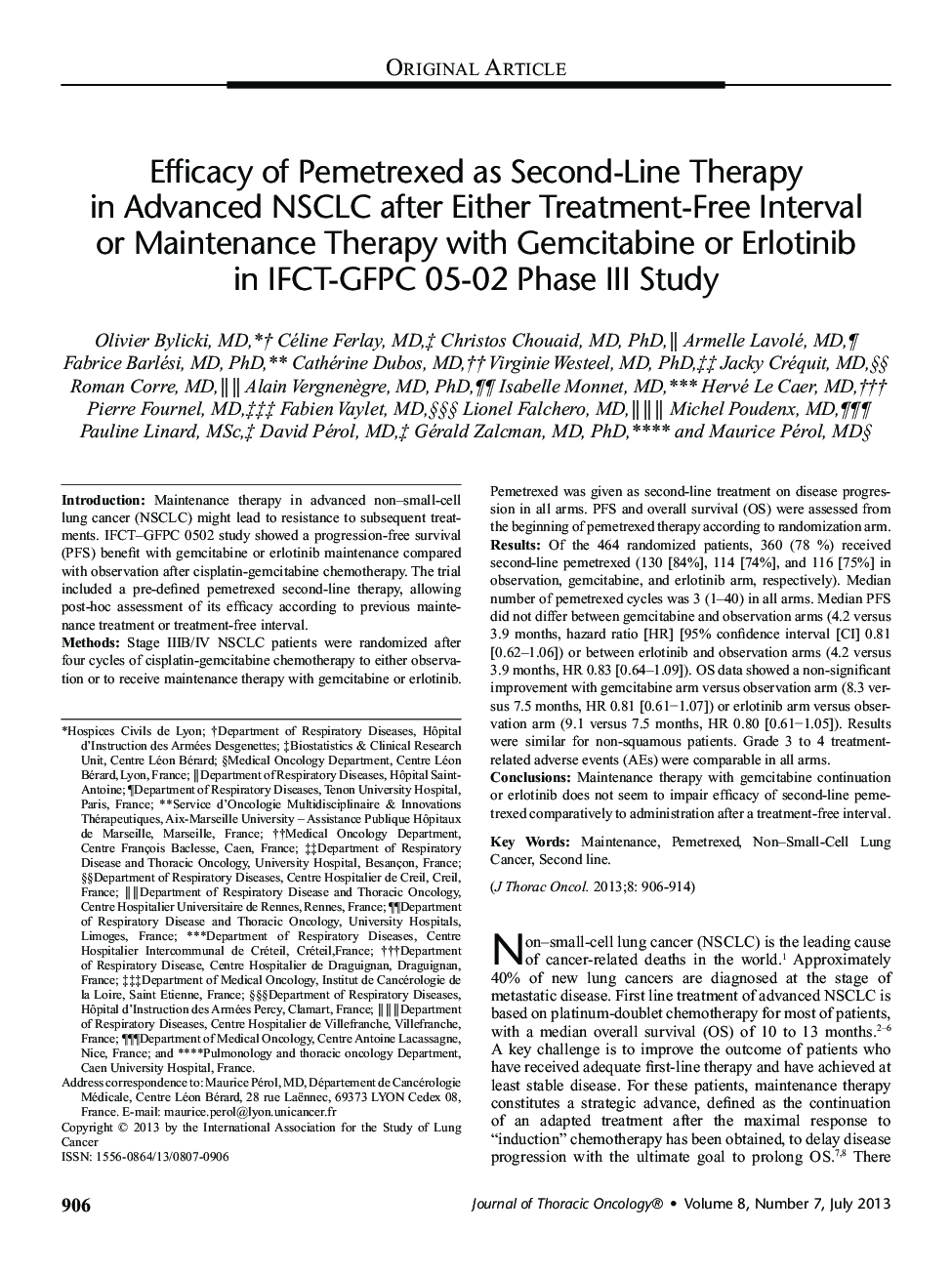 Efficacy of Pemetrexed as Second-Line Therapy in Advanced NSCLC after Either Treatment-Free Interval or Maintenance Therapy with Gemcitabine or Erlotinib in IFCT-GFPC 05-02 Phase III Study