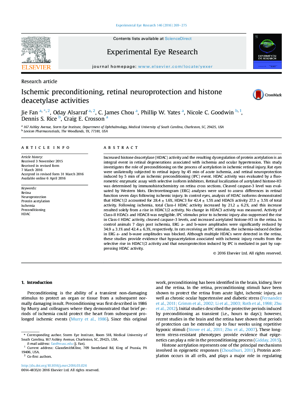 Ischemic preconditioning, retinal neuroprotection and histone deacetylase activities