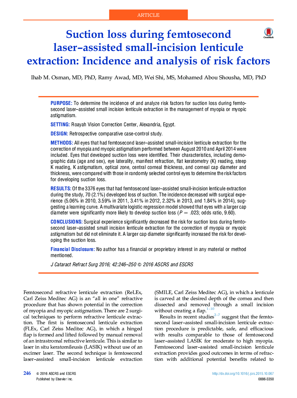 Suction loss during femtosecond laser-assisted small-incision lenticule extraction: Incidence and analysis of risk factors