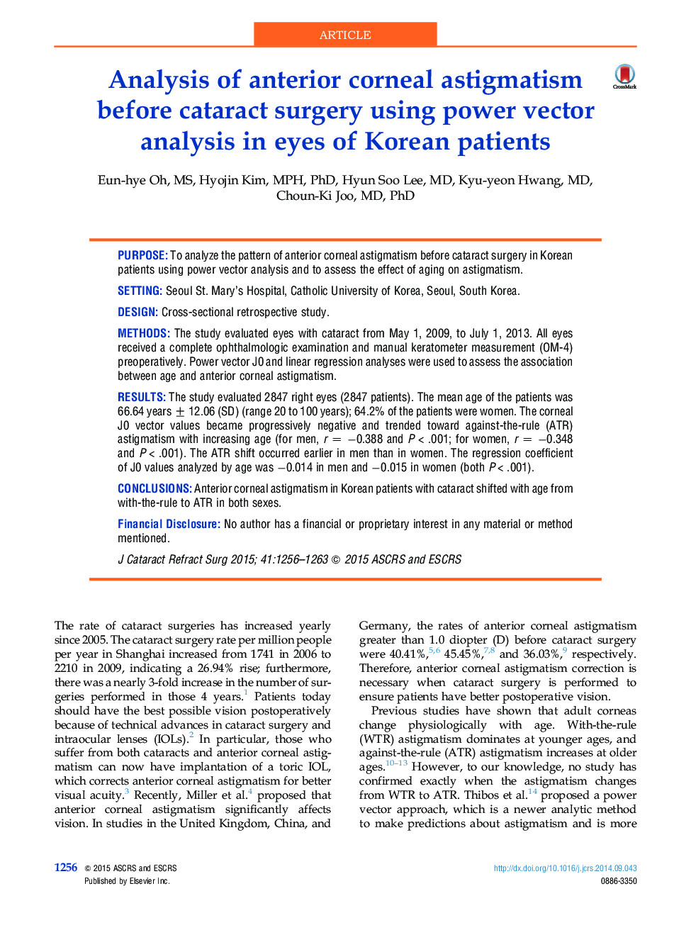 تجزیه و تحلیل آستیگماتیسم پیشانی قرنیه قبل از عمل جراحی کاتاراکت با استفاده از تحلیل بردار قدرت در چشم بیماران کره ای 