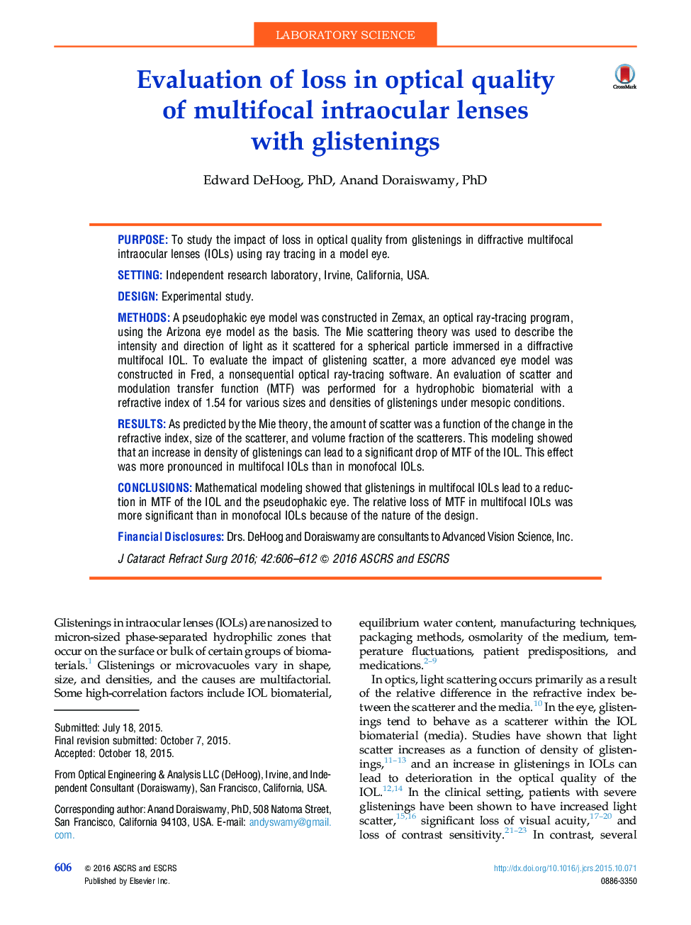 Evaluation of loss in optical quality ofÂ multifocal intraocular lenses withÂ glistenings